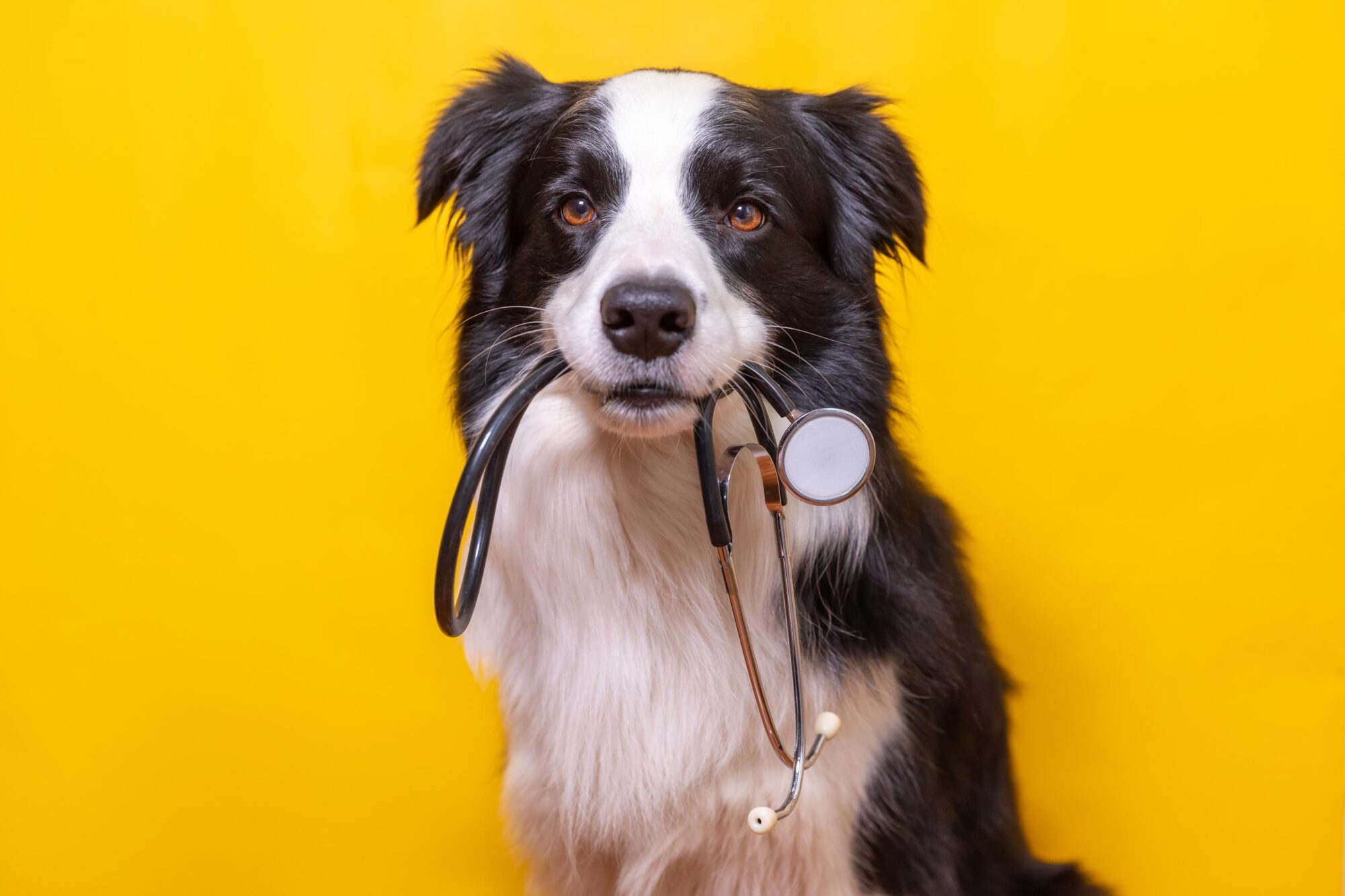 border collie with stethoscope in its mouth.